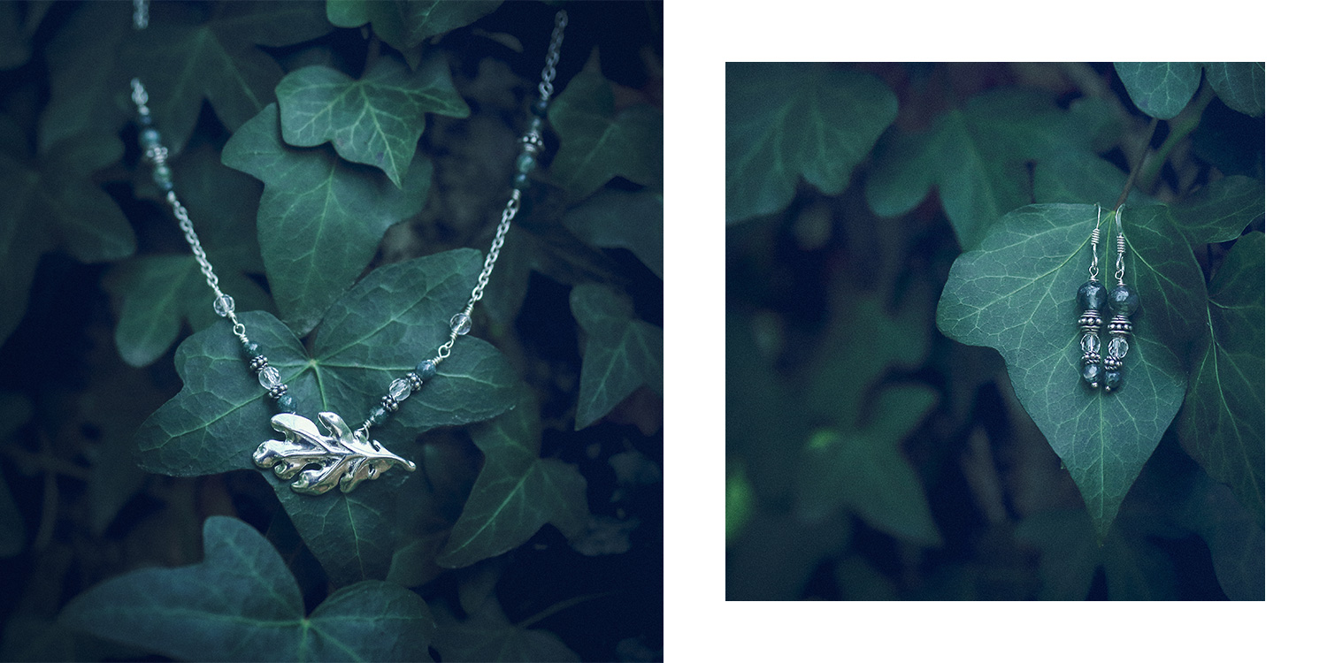 Reflet de Lune, silver and fine stones jewelry, earing bracelet and pendant, moss agate