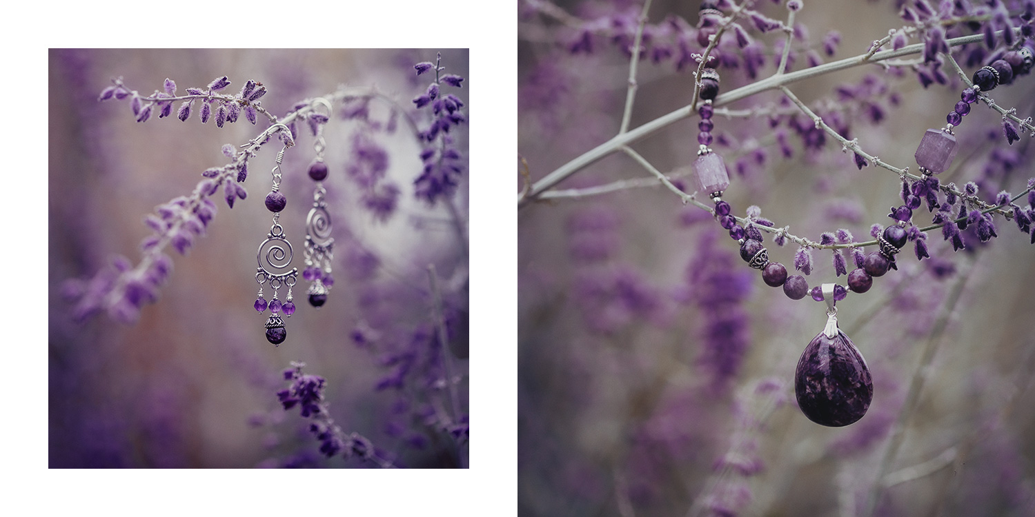 Reflet de Lune, silver and fine stones jewelry, earing bracelet and pendant, purple amethyst