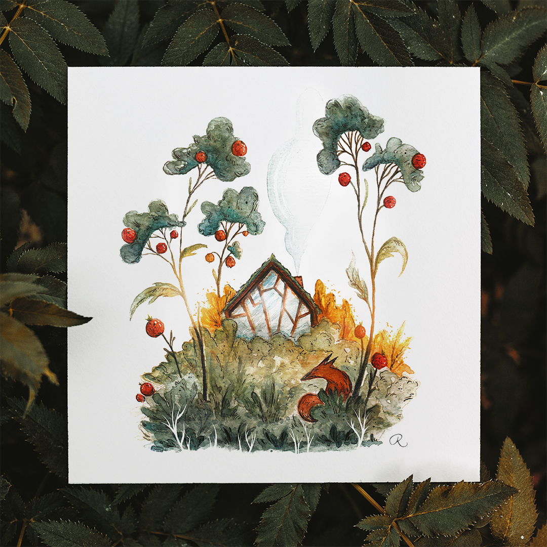 Raphaelle Monvoisin Watercolor Art Illustration wolf cottage cabin hut house animal fantasy
