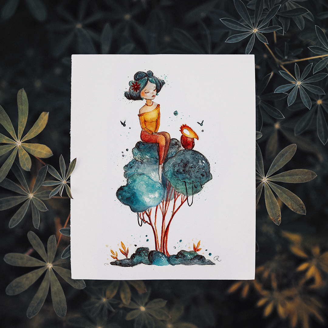 Raphaelle Monvoisin Watercolor Art Illustration tree woman lady girl blue bird moon animal fantasy