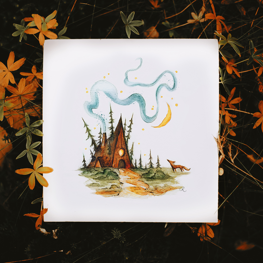 Raphaelle Monvoisin Watercolor Art Illustration wolf cottage cabin hut house animal fantasy