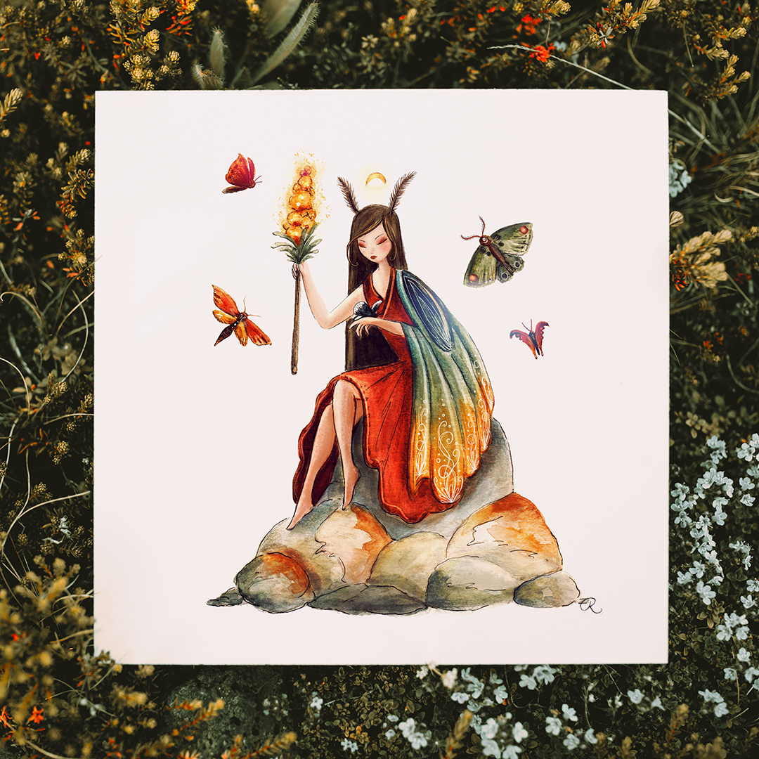 Raphaelle Monvoisin Watercolor Art Illustration tree woman lady girl blue moth moon animal fantasy